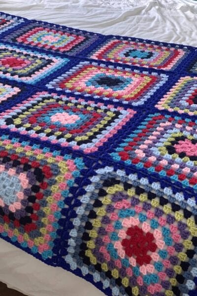 Granny Square crochet pattern, bright blanket.